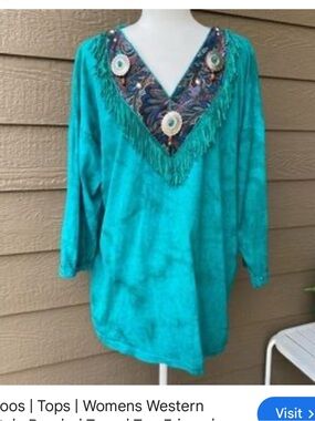 BOOS one size Women’s Turquoise Fringe V-Neck Embellished Top